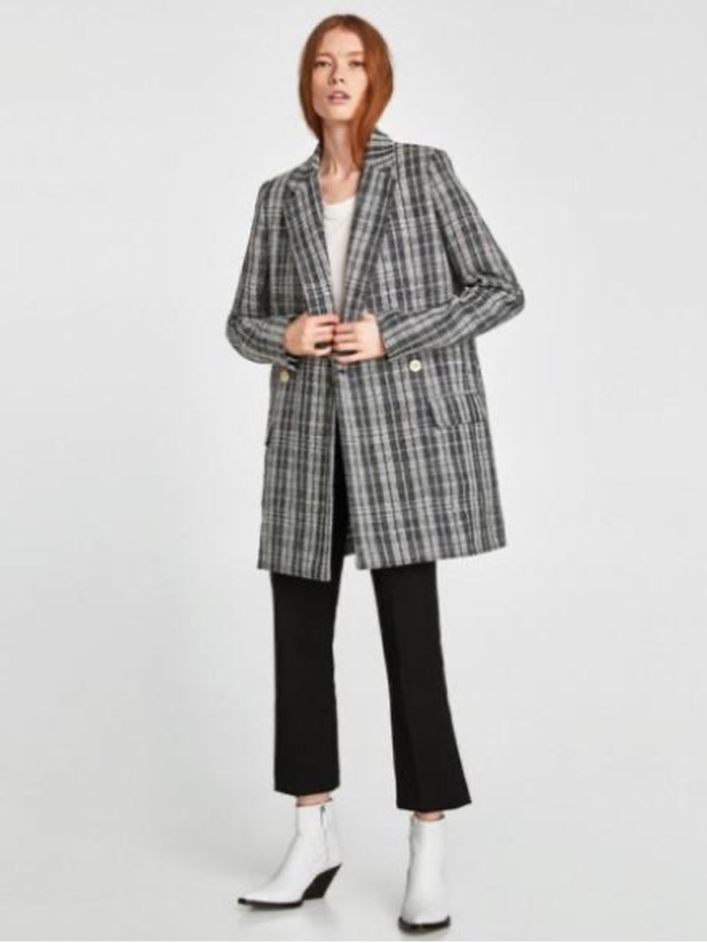Zara Black & White Checked Double-Breasted Blazer with Gold Buttons